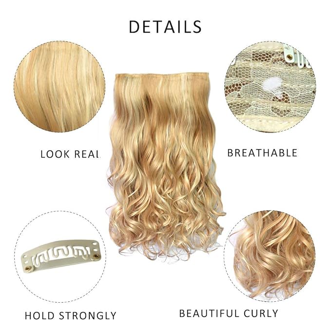 REECHO 20" 1-Pack 3/4 Full Head Curly Wave Blonde Mixed Hair Color Clips in on Synthetic Hair Extensions HE008 Hairpieces for Women 5 Clips 4.5 Oz per Piece - Medium Blonde with Highlights