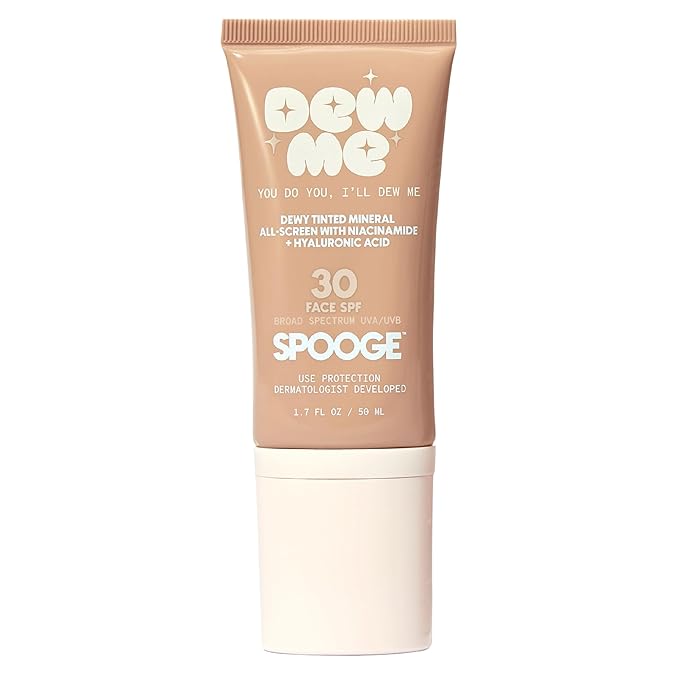 SPOOGE Dew Me Mineral All-Screen - Tinted SPF 30 Face Sunscreen with Hyaluronic Acid + Niacinamide for Golden Glow Dewy Finish - Dermatologist Developed, Makeup Primer Complexion Perfector - (1.7 Oz)