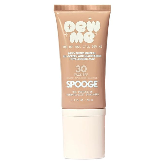 SPOOGE Dew Me Mineral All-Screen - Tinted SPF 30 Face Sunscreen with Hyaluronic Acid + Niacinamide for Golden Glow Dewy Finish - Dermatologist Developed, Makeup Primer Complexion Perfector - (1.7 Oz)