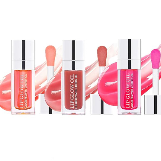 3Pcs Plumping Lip Oil, Hydrating Lip Gloss Tinted Lip Balm Lip Care Transparent Toot Lip Oil, Long Lasting Nourishing Lip Glow Oil Non-sticky Glitter Shine Primer Lip Tint (Pink+Rosewood +Cherry Red)