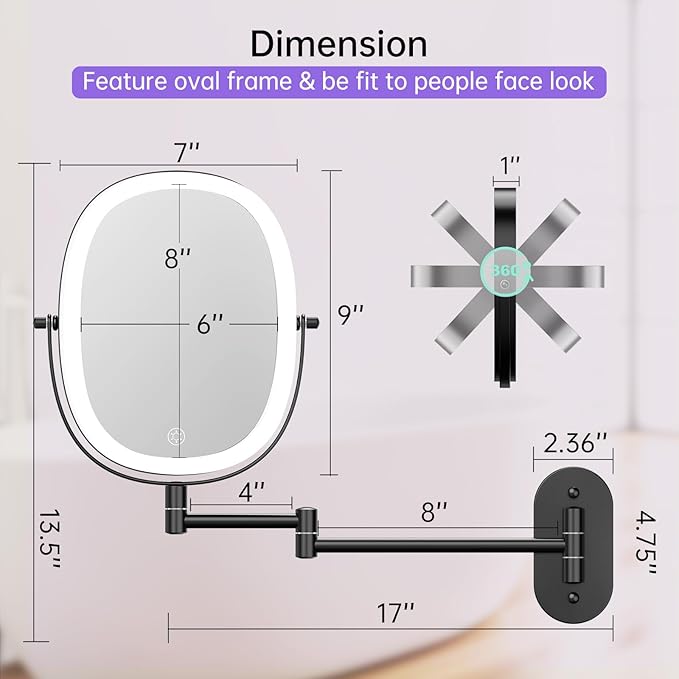 FUNTOUCH Wall Mounted Makeup Mirror with Light, Oval Rechargeable Double-Sided 7X/1X Magnifying Mirror, Vanity Mirror Dimmable 3 Color Light, 360° Extension Rotation Foldable 13.5 in
