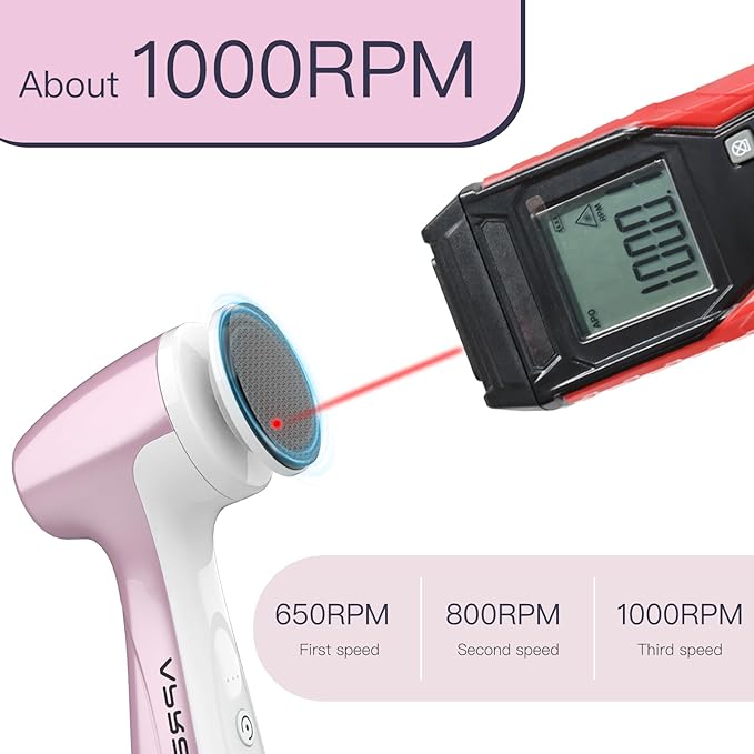 Rechargeable Electric Foot Callus Remover with 3 Glass Grinding Heads, Professional 1000RPM 3-Speed Control Electric Foot File (E7 Pink Glass Version)