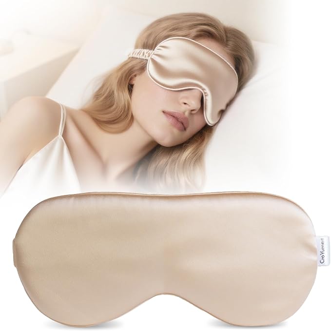 CroYumert 100% Pure Mulberry Silk Eye Mask - 22 Momme Adjustable Strap, Light Blocking, Silk Storage Bag & Gift Box - for Sleep/Travel/Gift, Sensitive Skin Friendly (Champagne)