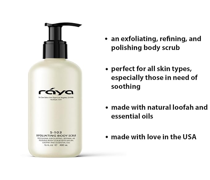 RAYA Exfoliating Body Scrub 16 oz (S-103) | Exfoliating, Refining, and Polishing Body Scrub | Made with Natural Loofah and Essential Oils | Relieves Ingrown Hairs