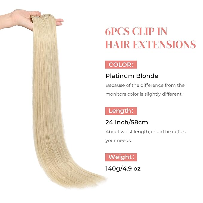 Clip in hair extensions，LONAI 6PCS Straight 24" Blonde Hair Extensions for Women，Heat Resistant Synthetic Hairpiece-Platinum Blonde