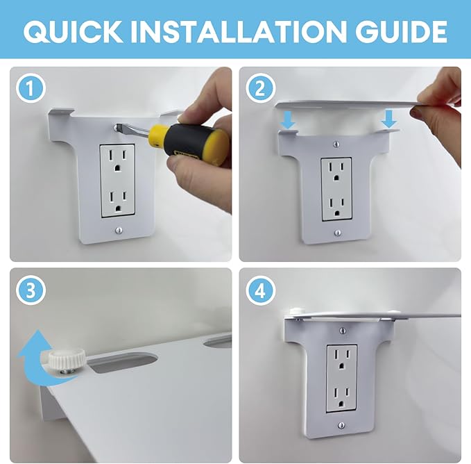 Metal Outlet Shelf with Built-in Cable Management, No-Drill Wall Organizer for Bathroom Outlets, Secure Holder for Echo Dot & Electric Toothbrush, Fits Vertical Decora, 2-Pack