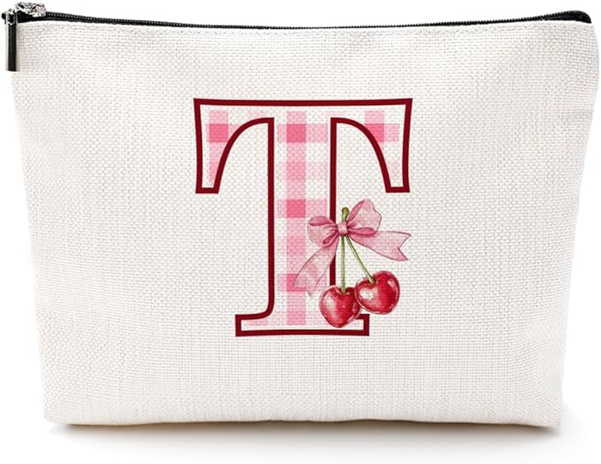 CQM Initial Makeup Bag Monogram Cosmetic Bag Monogrammed Gifts for Women Girls Friends Coworker Auntie Personalized Travel Toiletry Bag Christmas Bridal Shower Wedding Bridesmaid Gifts, Cherry T