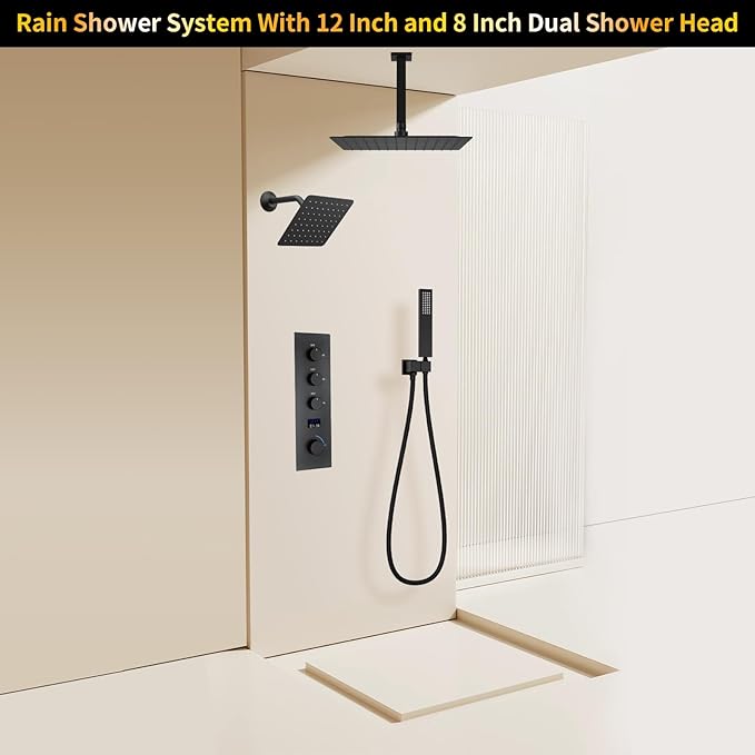 AYIVG Matte Black Bathroom Temperature Display Shower Faucet Set Thermostatic Rainfall Shower System 12 Inch And 8 Inch Dual Square Shower Head System Ceiling Mount With Handled Spray