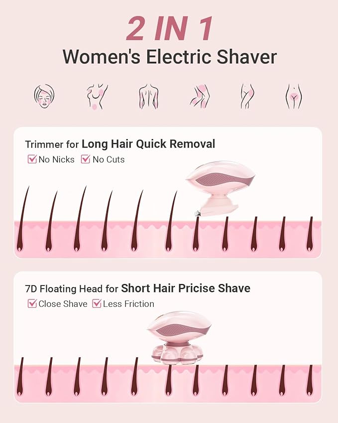 7D Electric Razors for Women: 2-in-1 Electric Shaver Trimmer for Ladies Flawless Legs & Full Body & Bikini - Waterproof Wet Dry Shaver w/LED Light & Travel Cap - Birthday Gifts for Wife Her
