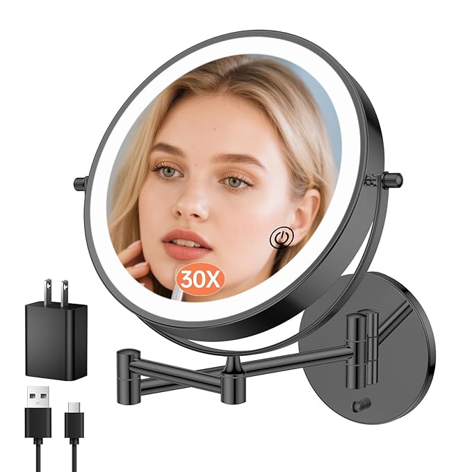 FUNTOUCH 9" 30X/1X Wall Mounted Lighted Makeup Mirror, 5000mAh Rechargeable Double Sided Magnifying Mirror with Adapter, 3 Color Lights,Touch Dimmable, 360 Rotation Extended Arm for Bathroom,Black