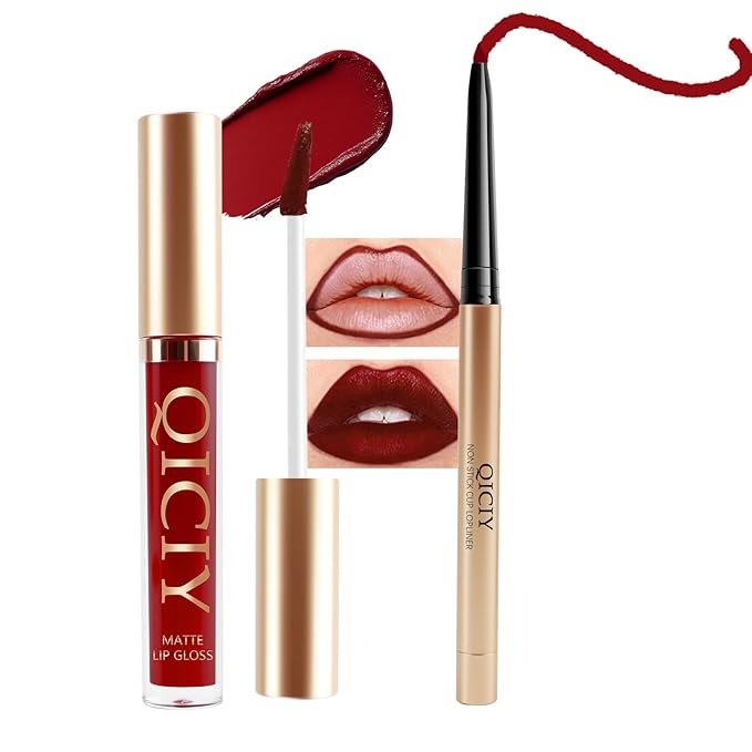 QueenDiary Lip Gloss and Liner Makeup Set, Lifter Gloss and Lifter Liner in Petal and Line Leader Shades (Mature and steady)