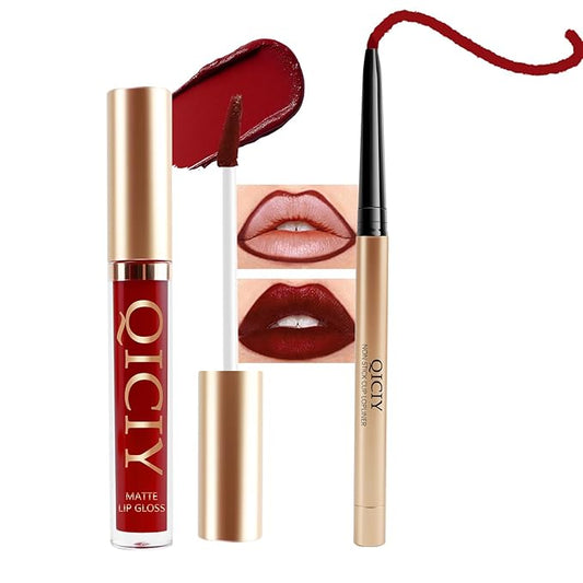 QueenDiary Lip Gloss and Liner Makeup Set, Lifter Gloss and Lifter Liner in Petal and Line Leader Shades (Mature and steady)
