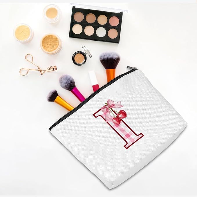 CQM Initial Makeup Bag Monogram Cosmetic Bag Monogrammed Gifts for Women Girls Friends Coworker Wife Personalized Travel Toiletry Bag Christmas Bridal Shower Wedding Bridesmaid Gifts, Cherry I