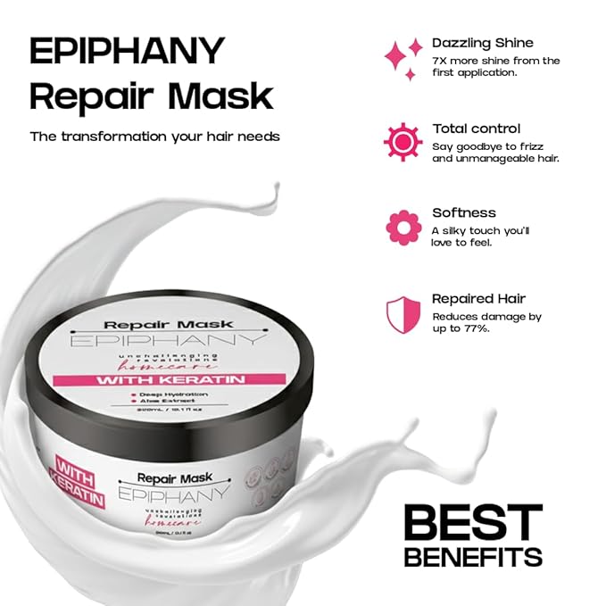 Epiphany Keratin Repair Hair Mask–Deep Conditioning Treatment for Dry, Damaged, Overprocessed & Color-Treated Hair–Strengthens, Restores &Hydrates with Aloe, VitaminE & Botanical Extracts–Sulfate-Free