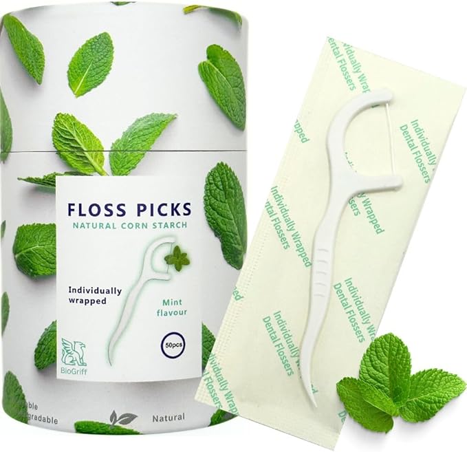 Individually Wrapped Biodegradable Dental Floss Picks, Mint Flavor, PBAT & Starch-Based Material, Single-Use Flossers for Daily Oral Care
