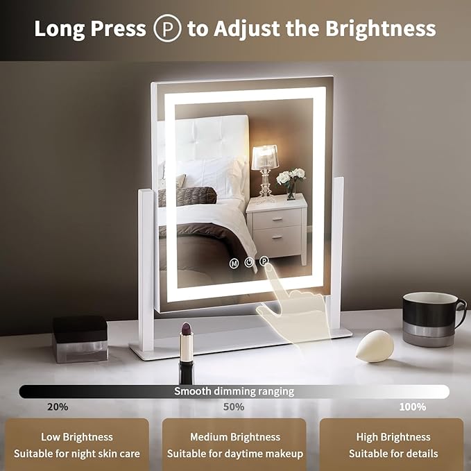 LED Vanity Mirror with Lights, Makeup Mirror with 3 Color Modes, Smart Touch Control, 360° Rotation for Desk,13.2" L x 11.2" W