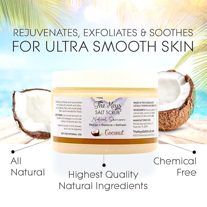 The Keys Salt Scrub -Sea Salt Scrub - Exfoliating Body Scrub with Wooden Spoon - Moisturizing Exfoliator for Hands, Foot, Bath, (12 Ounce (Pack of 3), Coconut)