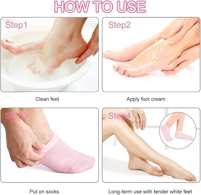 4 Pairs Silicone Moisturizing Glove Socks Set for Dry Cracked Feet and Hands, Anti Slip Spa Socks Women Gel Pedicure Socks for Foot Hand Softening Foot Care After Pedicure