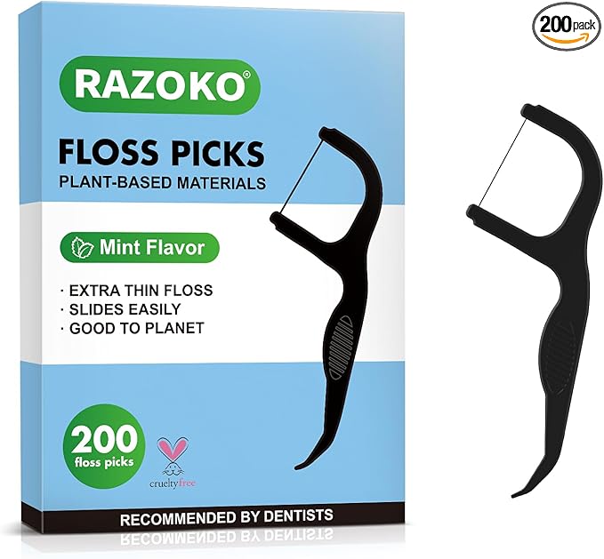 RAZOKO Biodegradable Dental Floss Picks, Charcoal Toothpick Stick Soft On Gum & Teeth, Plant Based Dental Floss Picks for Adults & Kids 200 Count