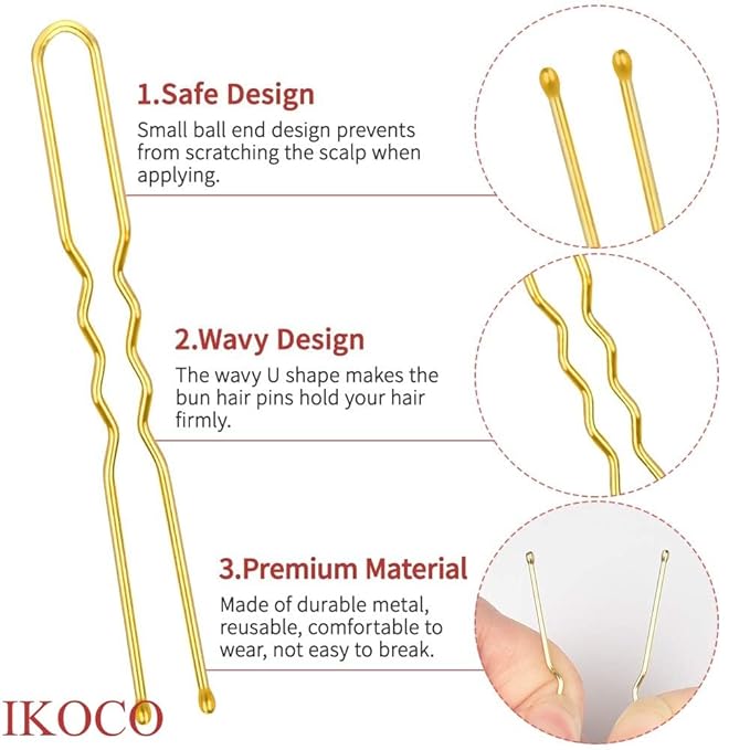 U Shaped Hair Pins, IKOCO 2.4inch Bun Hair Pins for Women with Storage Box, Golden