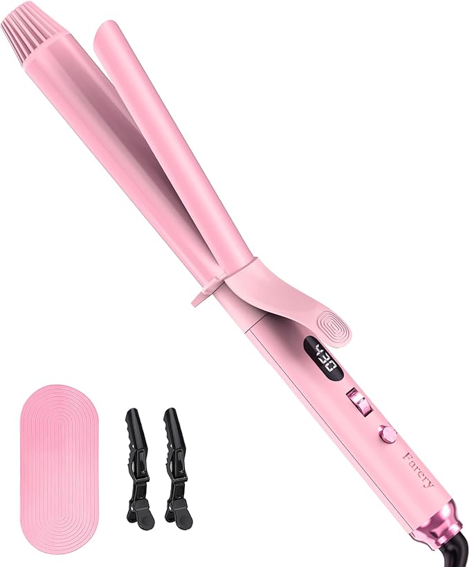 FARERY Long Barrel Curling Iron 1 1/4 inch, 1.25 Inch Curling Iron for Thin Hair, Infused Argan Oil & Keratin, 11 Adjustable Temp, Include Clips & Silicone Pad, Pink