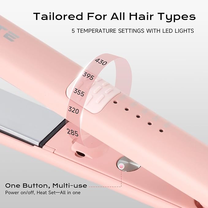 Titanium Flat Iron Travel Hair Straightener and Curler 2 in 1 with Quick Fast Heating, 1 Inch Professional Straightening Iron, 5 Temp Settings for All Hair Types, Dual Voltage & Auto-Shut Off(Pink)