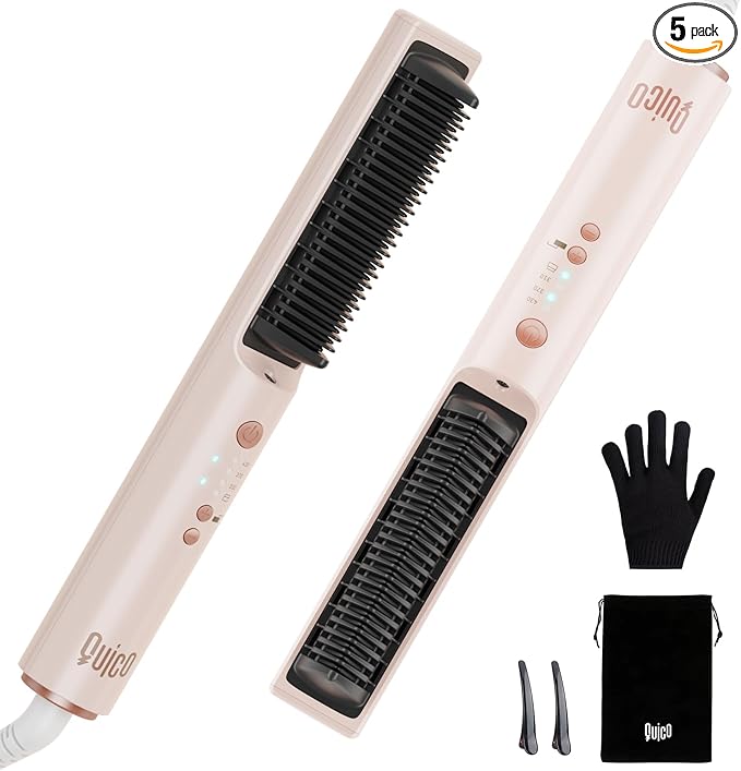 Quico Hair Straightener Brush, 100-240V Dual Voltage Ionic Straightener Brush for Women, Ceramic Travel Hair Straightener Comb, Electric Hot Comb Flat Iron, Auto Temp Lock & Auto-Off Function, Pink
