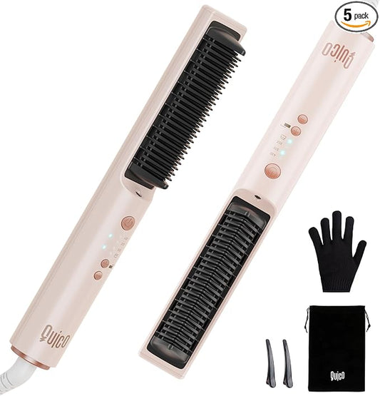 Quico Hair Straightener Brush, 100-240V Dual Voltage Ionic Straightener Brush for Women, Ceramic Travel Hair Straightener Comb, Electric Hot Comb Flat Iron, Auto Temp Lock & Auto-Off Function, Pink