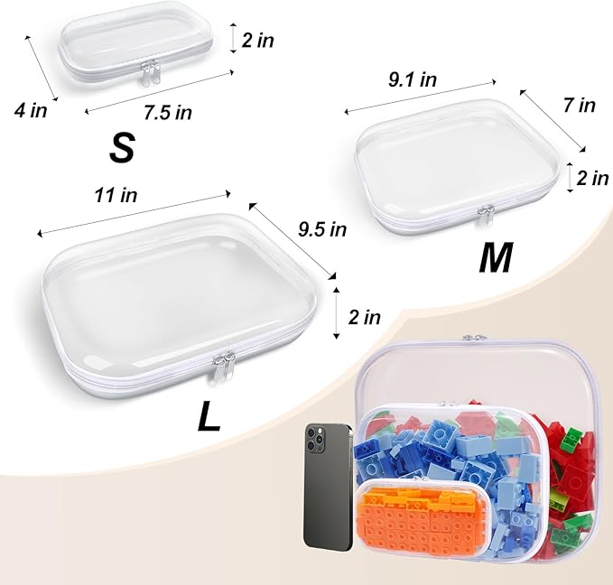 SXS LACONIC Clear Hard Plastic Zipper Case,Transparent Double Zippers Hard Pouch with 3pcs,Portable Travel Organizer Bin for Toy Storage