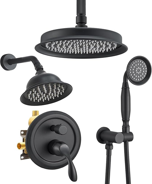 Dasan Antique Dual Rainfall Shower System, Matte Black, Complete Shower Fixture Combo, 9'' & 6'' Dual Rainfall Overhead Shower with Handheld, Valve & Trim Kit, AT3096C-MB