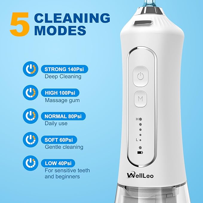 WellLeo Water Flosser for Teeth, 300ML Cordless Oral Irrigator Rechargeable Dental Flosser Picks with 5 Modes 5 Jet Tips,IPX7 Waterproof Teeth Cleaner for Braces Gum Care, Home Travel Use