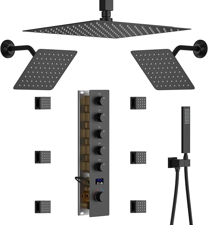 WHSHOWER Rainfall Shower System with 12+8+8" Three Top Shower Heads, Body Jets and Handheld Shower,Matte Black Full Body Shower System with Digital Display Valve