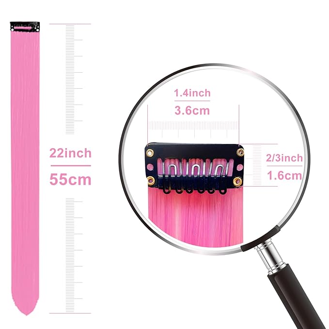 Colored Pink Hair Extensions 14 PCS, 22 In Colorful Clip in Hair Extensions Party Highlights, Dream Rainbow Long Straight Synthetic Hairpieces for Women Cosplay Gift(Pink)