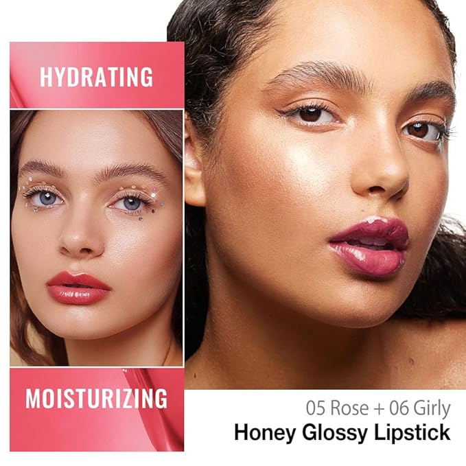 HHLTOH Honey Lipstick Tinted Lip Balm - Shine Moisturizing Lipstick for Women, Natural Nourishing Hydrating Lip Gloss Stain for Dry Lips, Tint Sheer Lightweight Makeup, Vegan - 2Pc Rose & Girly