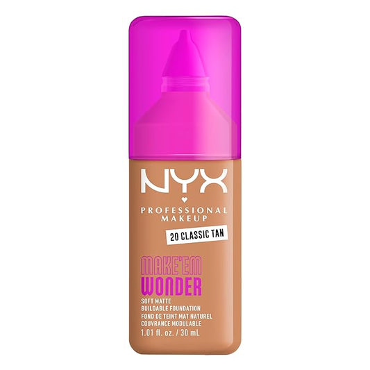 NYX PROFESSIONAL MAKEUP Make 'Em Wonder Liquid Foundation, 24HR Foundation Makeup With A Soft Matte Finish, Buildable Full Coverage - 20 Classic Tan
