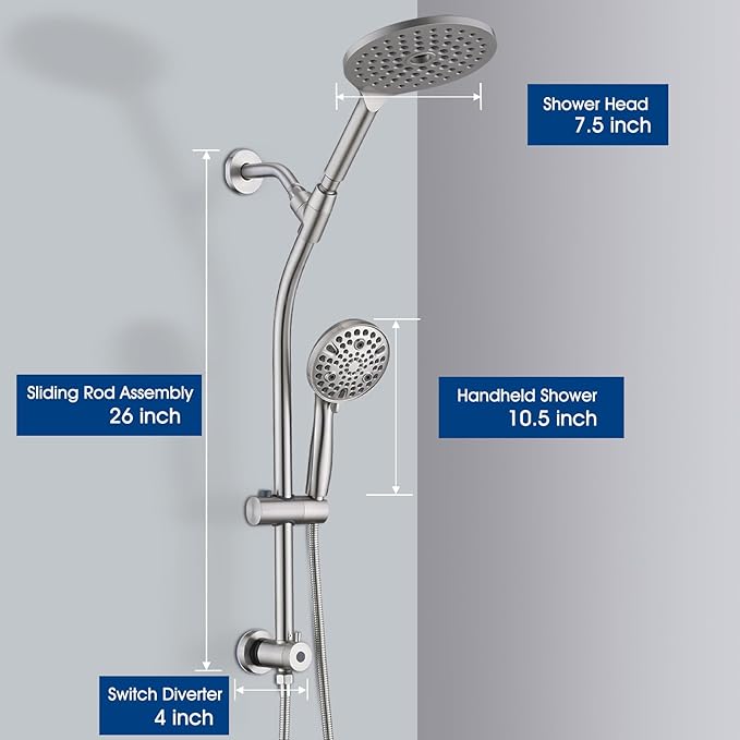 UCLIMAA High Pressure Shower Head with Handheld Shower, 26" Adjustable Height Drill-Free Slide Bar, 3-Way Diverter for Easy Reach, Dual Shower Head Combo Set with 5ft Hose - Brushed Nickel