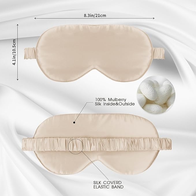 SILKTALE Soft Real Silk Light Blocking Cooling Sleep Eye Mask for Women/Men/Travel/Airplane,Beige