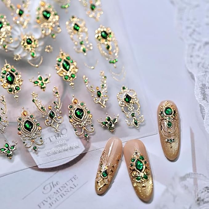 5D Embossed Gold Mace Nail Art Stickers Green Gemstone Nail Stickers for Nail Art with Green Gem Design Gold Nail Decals Manicure Decoration for Women Nails Supplise