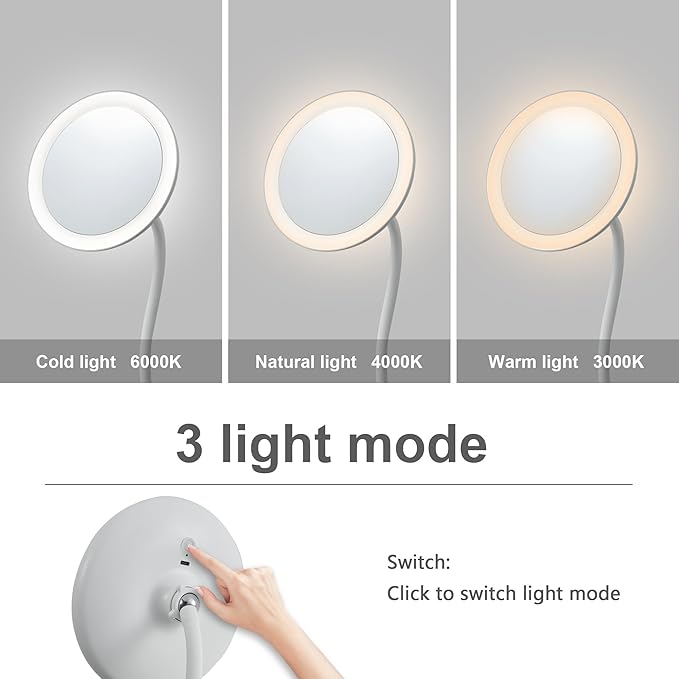 6.5" Clip on Vanity Makeup Mirror with Light, gooseneck Travel 5X Magnifying Mirror,USB Recharge (White 5X)