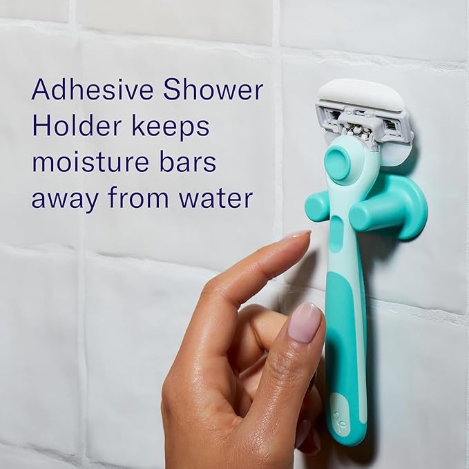 Flamingo Moisture Plus Women's Razor Set - No Shave Gel Needed - 1 Razor Handle, 1 Blade Refill, Shower Holder - Seafoam