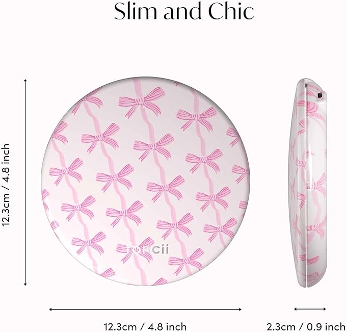Fancii Taylor LED Lighted Travel Makeup Mirror, Rechargeable, 10x /1x Magnifying, Tru-Glow Lighting System, XL Large 5” Wide | Compact Mirror for Purses (Rosette Ribbon)