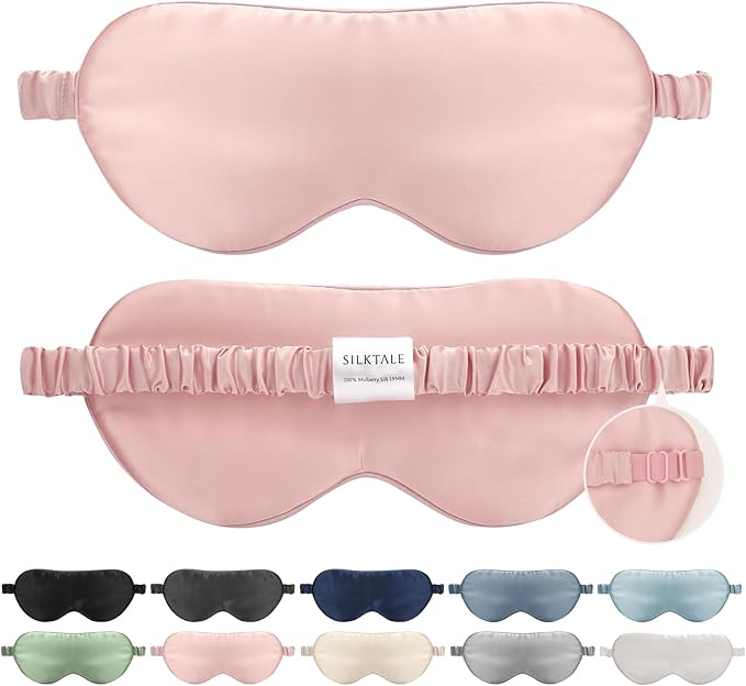 SILKTALE Mulberry Silk Blackout Adjustable Sleep Eye Mask for Men/Women Travel Plane,Blush Pink