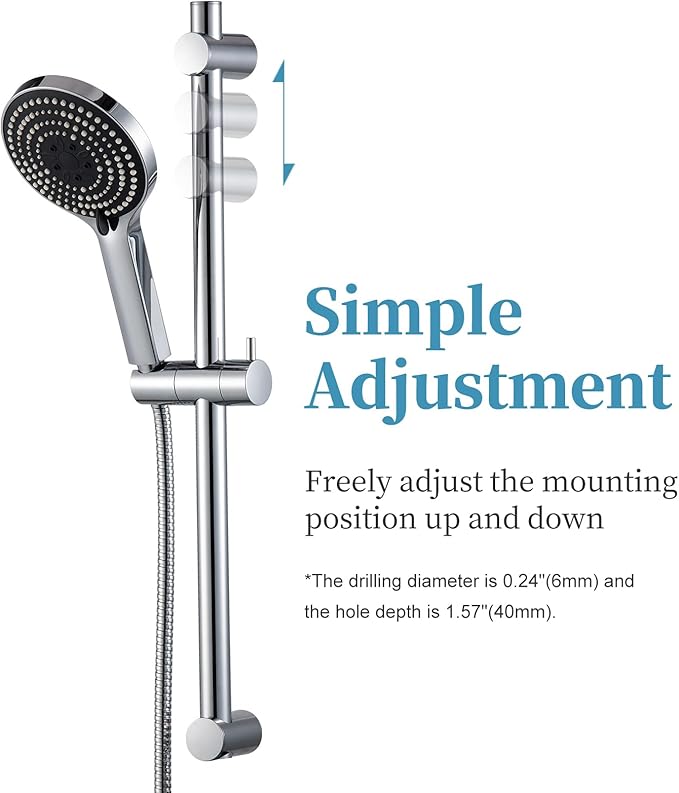 OFFO Shower Slide Bar Combo, Adjustable 23 in Slide Bar with 6-Mode High Pressure Handheld Shower Head and 60 in Stainless Steel Hose, Screw Wall Mounted, Chrome