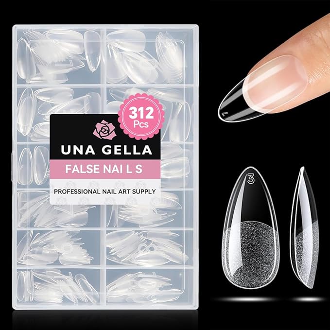 UNA GELLA Medium Almond Gel Nail Tips Half Matte 312pcs Almond Gel Nails No C Curve Clear False Fake Nails Effective Nail Extensions for DIY Art Salon-Level Press On Nails, 12 Sizes