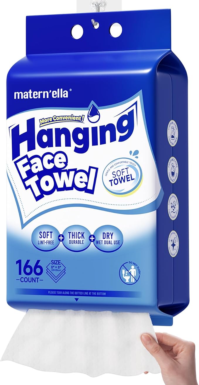 matern'ella Hanging Dry Wipes 166 Counts Face Towel Washcloth Facial Cleansing Thickened Makeup Remover Disposable Soft Face Towelettes for Sensitive Skin Fragrance and Alcohol Free Wet Dry Dual Use