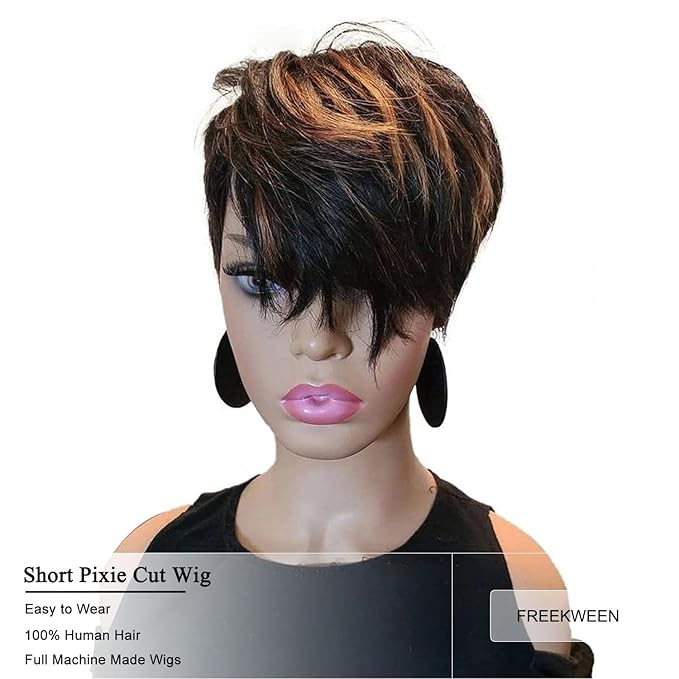 Short Pixie Cut Wig for Black Women Human Hair Nature looking Black Mixed Blonde Highlights Short Layered Side Part none lace front glueless Bob Cut Wig Brazilian Virgin Hair