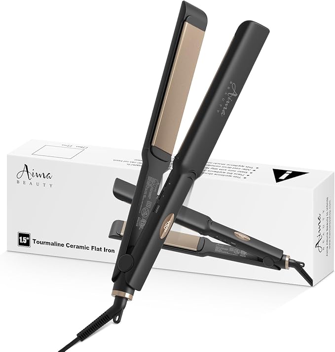 Aima Beauty Hair Straightener, 1.5 inch Extra Wide Flat Iron with 3D Floating Ceramic Coating Plates & LCD Temp Display Dual Voltage for Travel, Black