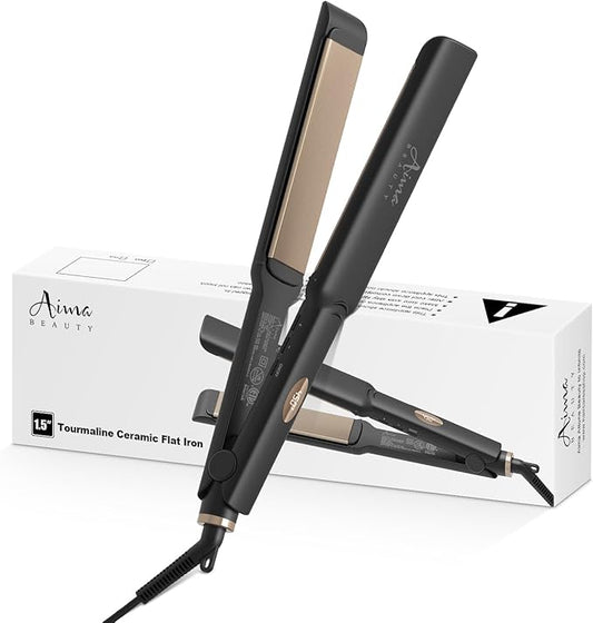 Aima Beauty Hair Straightener, 1.5 inch Extra Wide Flat Iron with 3D Floating Ceramic Coating Plates & LCD Temp Display Dual Voltage for Travel, Black