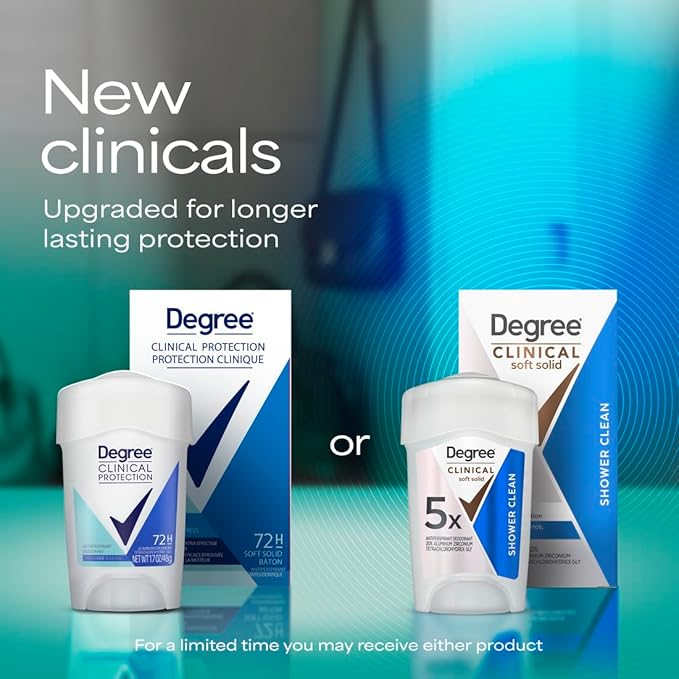 Degree Clinical Strength Antiperspirant Deodorant 96-Hour Sweat and Odor Protection Shower Clean Soft Solid 5x Types of Sweat 1.6 oz