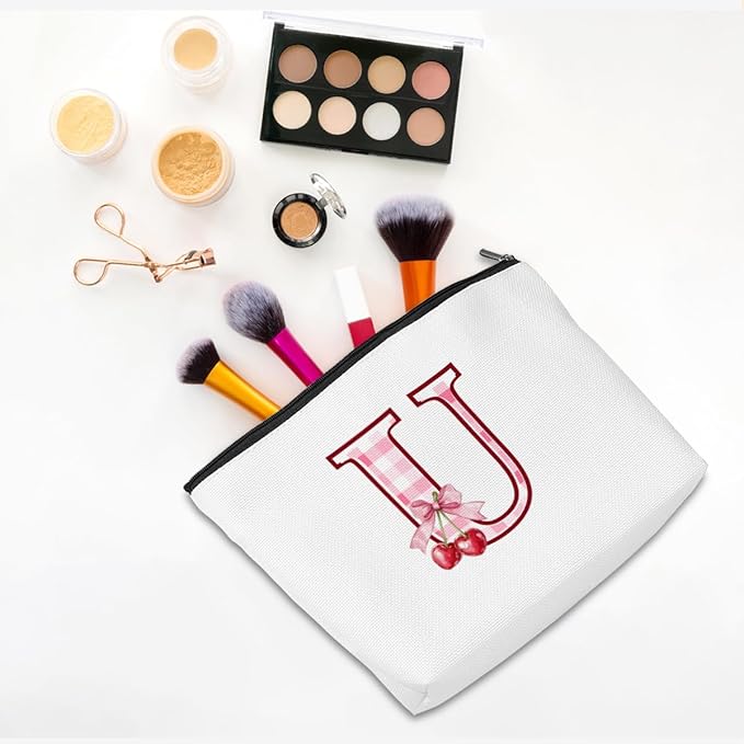 CQM Initial Makeup Bag Monogram Cosmetic Bag Monogrammed Gifts for Women Girls Friends Coworker Teacher Personalized Travel Toiletry Bag Christmas Bridal Shower Wedding Bridesmaid Gifts, Cherry U